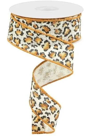 1.5" Metallic Leopard Print Burlap Ribbon: Off White (10 Yards)