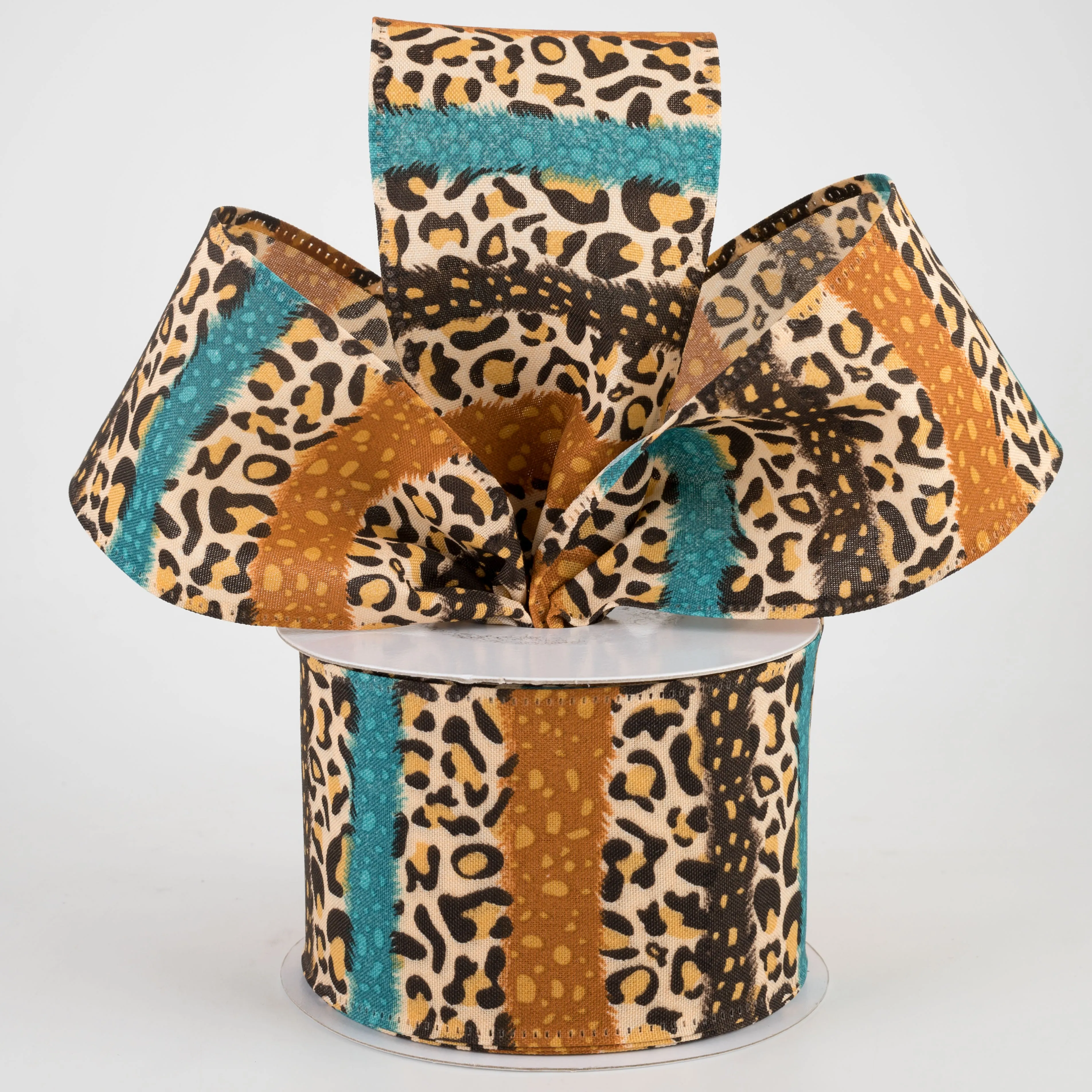 2.5" Fall Cheetah Stripes Ribbon: Teal, Brown (10 Yards)