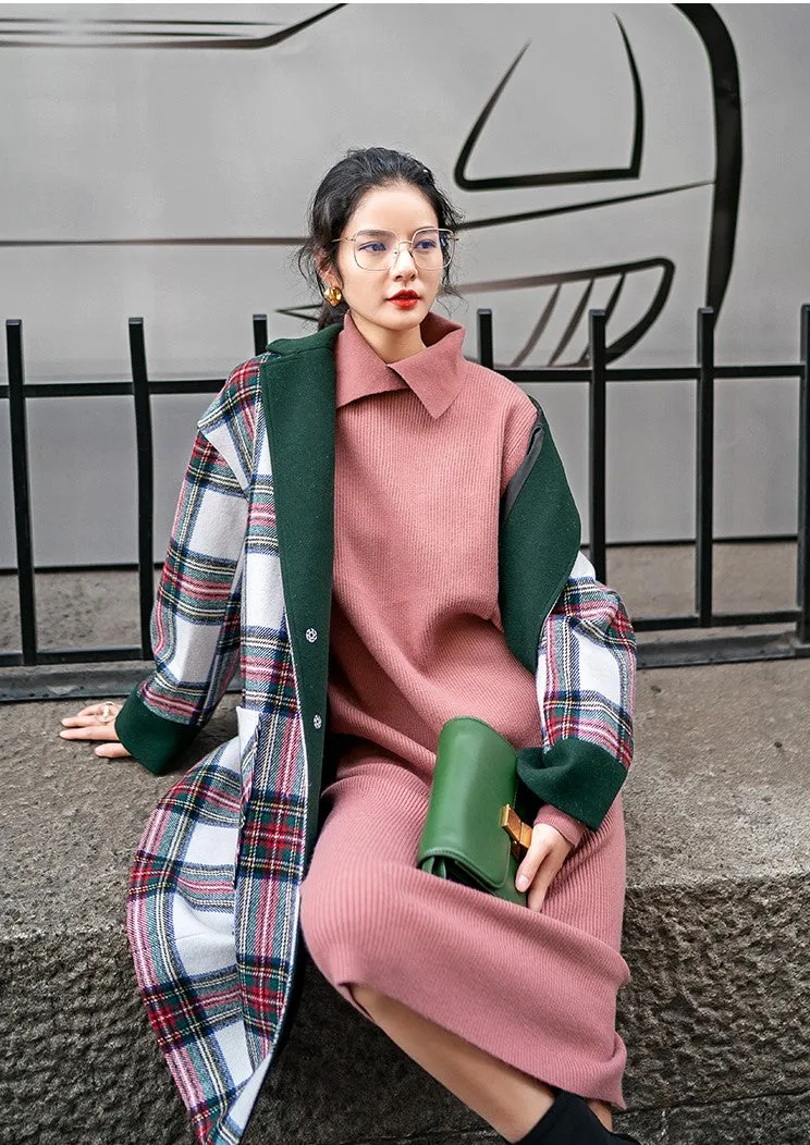 8GIRLS LONGLINE WOOL COAT IN GREEN CHECK