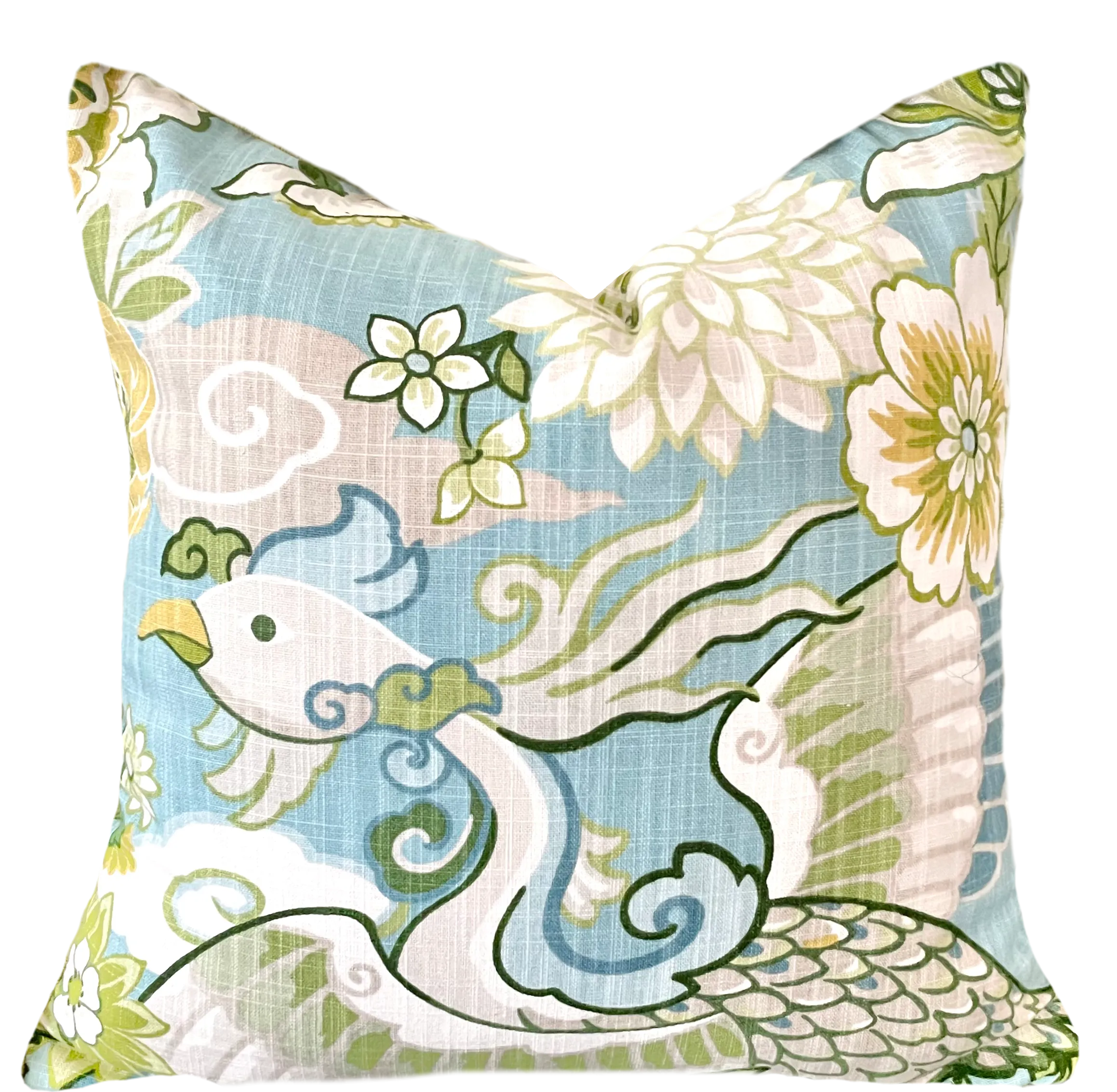 Aqua Chinoiserie Phoenix Pillow Cover / Chiang Mai style Pillow / Available in 8 Sizes