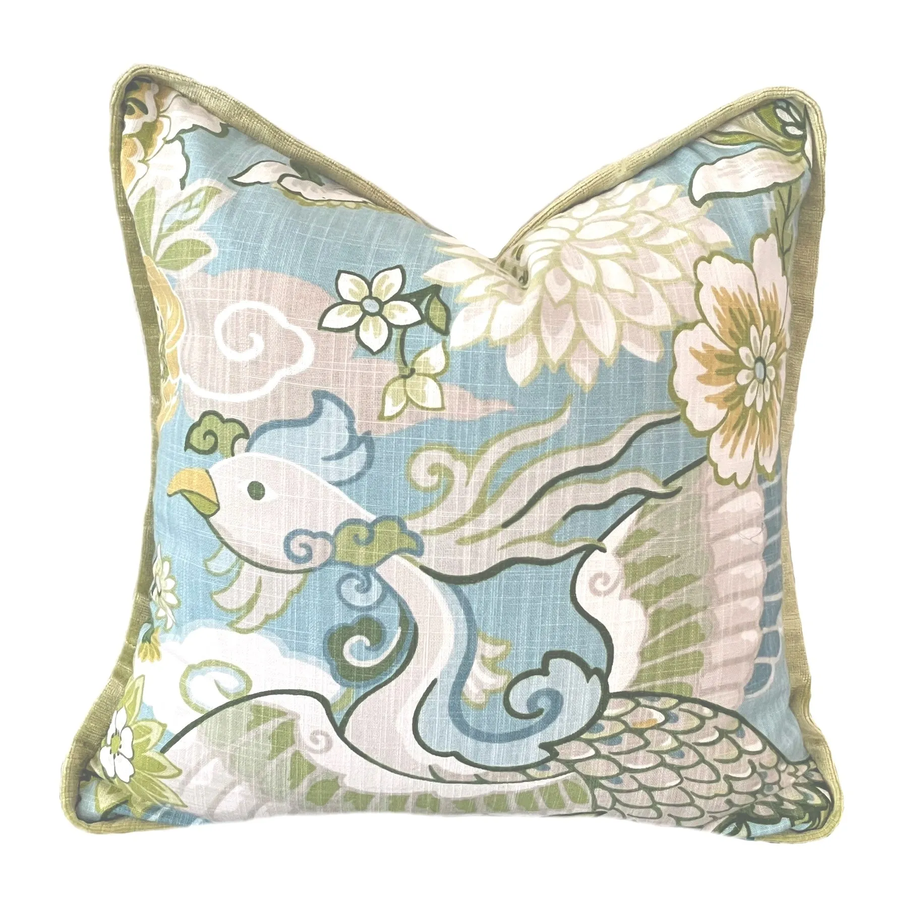 Aqua Chinoiserie Phoenix Pillow Cover / Chiang Mai style Pillow / Available in 8 Sizes