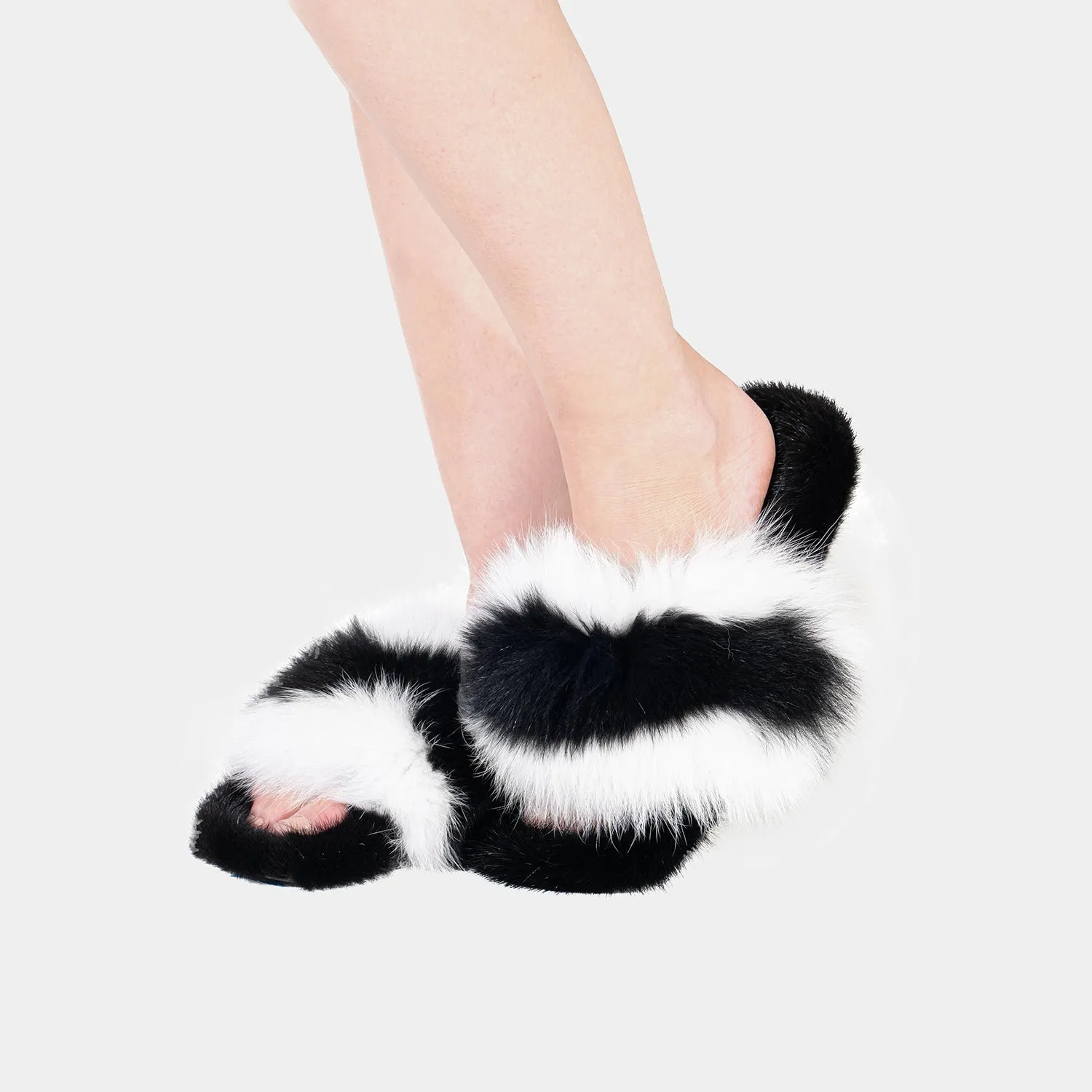 ASPEN - Slipper with Fur mink & Fox Black & White