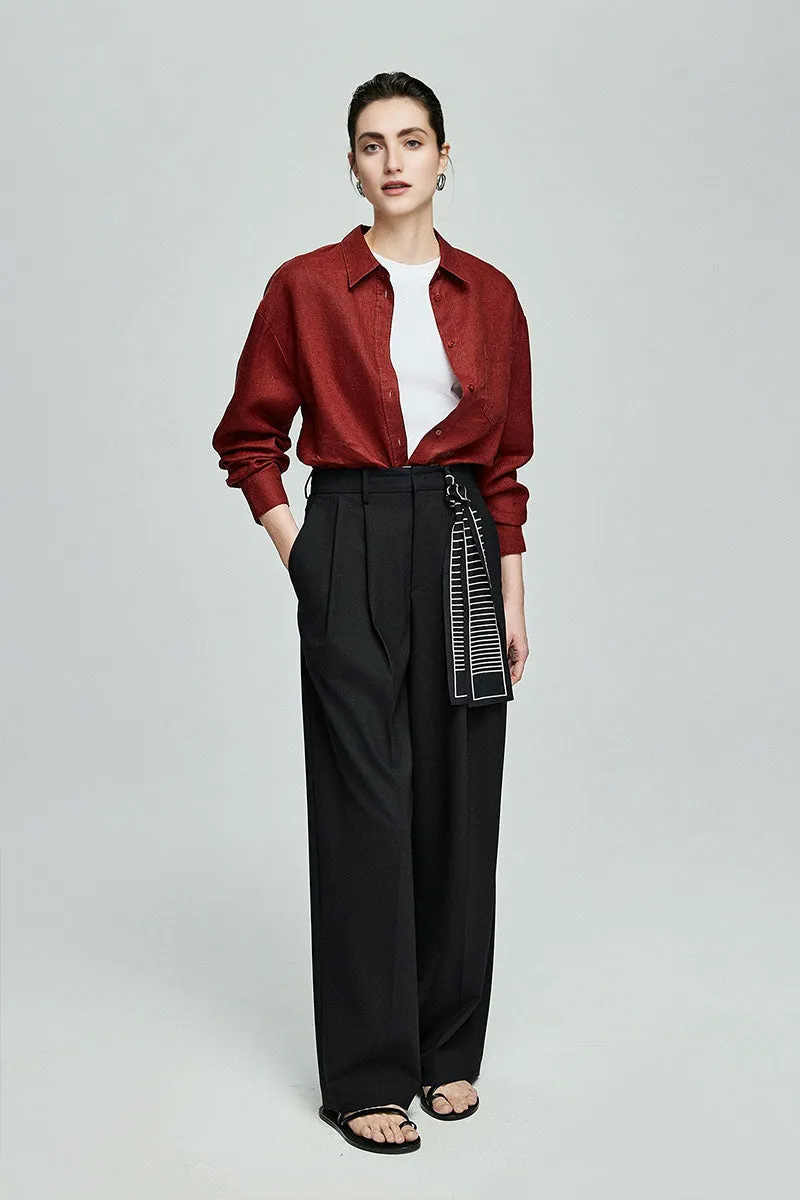 Baggy Pleated Wool-Blend Straight-Leg Dress Pants