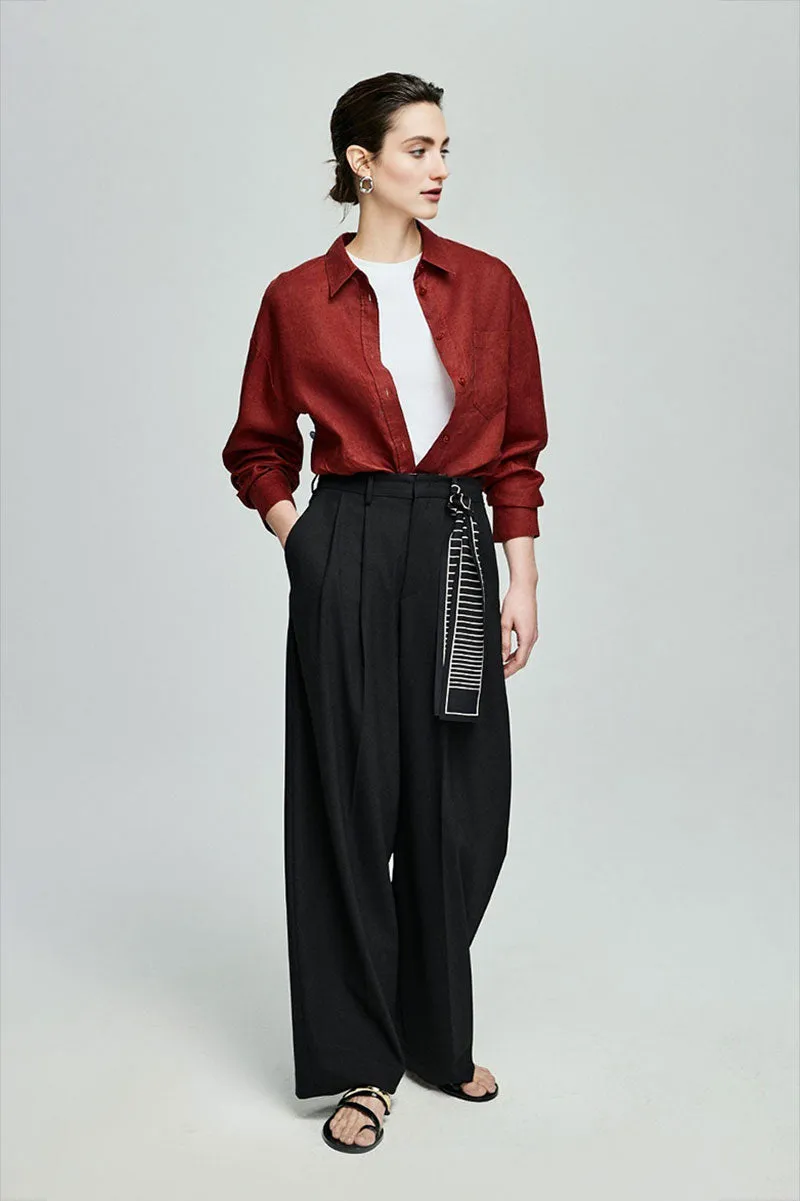 Baggy Pleated Wool-Blend Straight-Leg Dress Pants