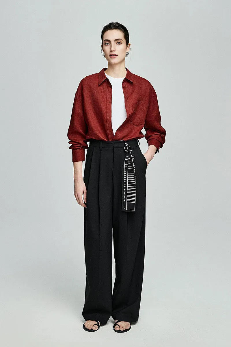 Baggy Pleated Wool-Blend Straight-Leg Dress Pants