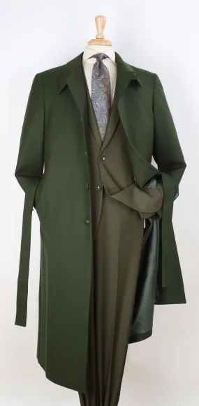 Black Diamond Mens Solid Green 100% Wool Gabardine Belted Duster Overcoat