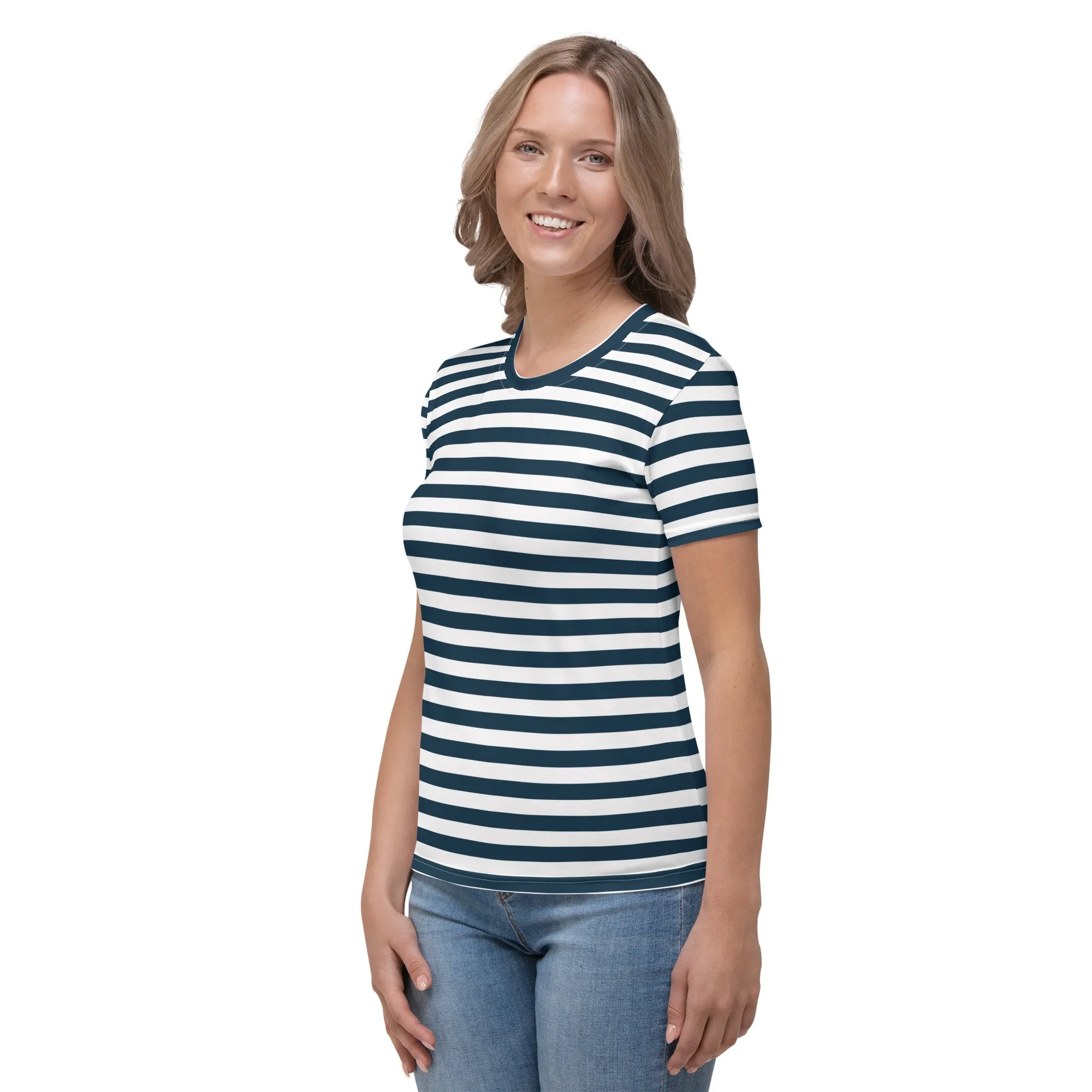 Blue And White Horizontal Stripes Women's T-shirt, Nautical T-Shirt, Boat Gift