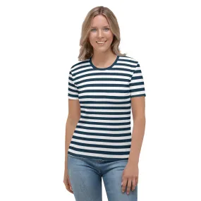 Blue And White Horizontal Stripes Women's T-shirt, Nautical T-Shirt, Boat Gift