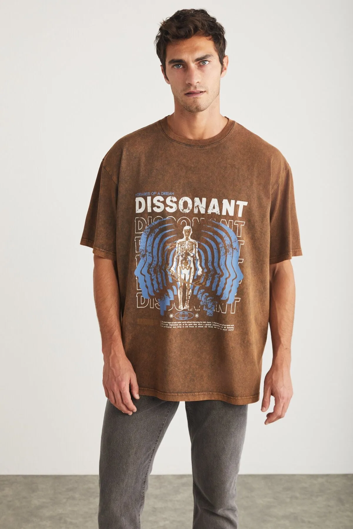 BORIS MEN WASHING PRINTING DETAILED DETAILED OVERSIZE 100 %Organic Cotton Bicycle Collar Brown T-shirt