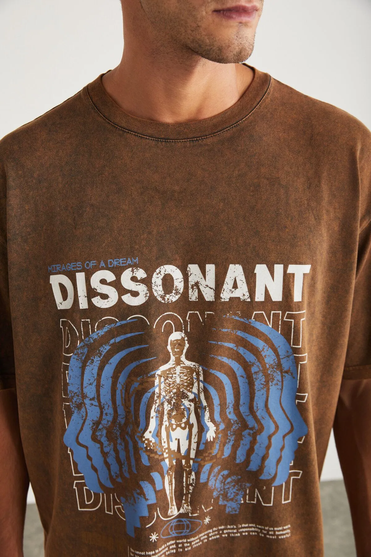 BORIS MEN WASHING PRINTING DETAILED DETAILED OVERSIZE 100 %Organic Cotton Bicycle Collar Brown T-shirt