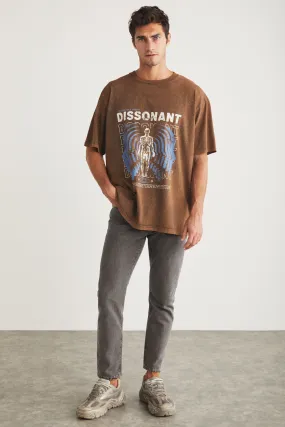 BORIS MEN WASHING PRINTING DETAILED DETAILED OVERSIZE 100 %Organic Cotton Bicycle Collar Brown T-shirt