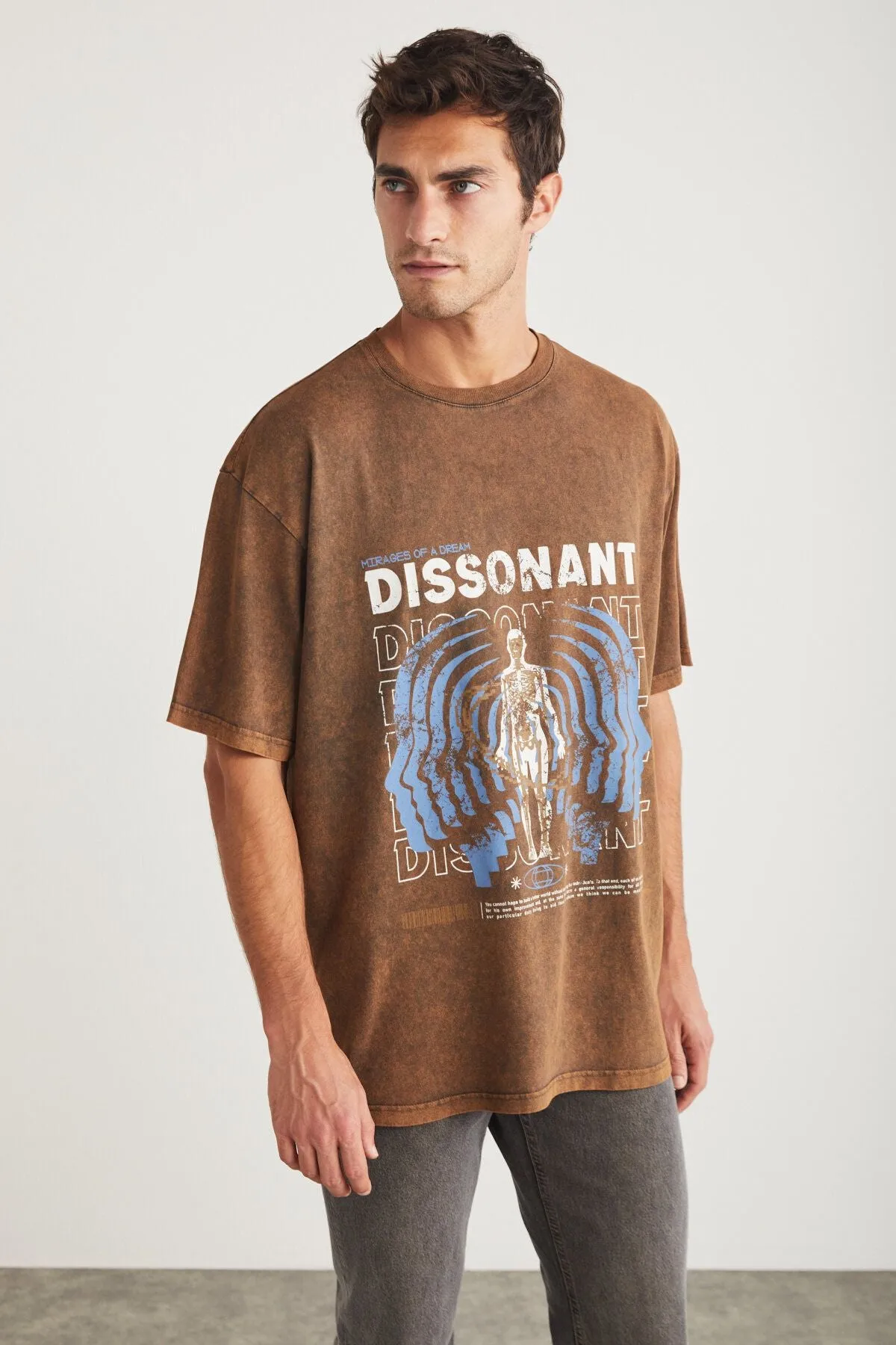 BORIS MEN WASHING PRINTING DETAILED DETAILED OVERSIZE 100 %Organic Cotton Bicycle Collar Brown T-shirt