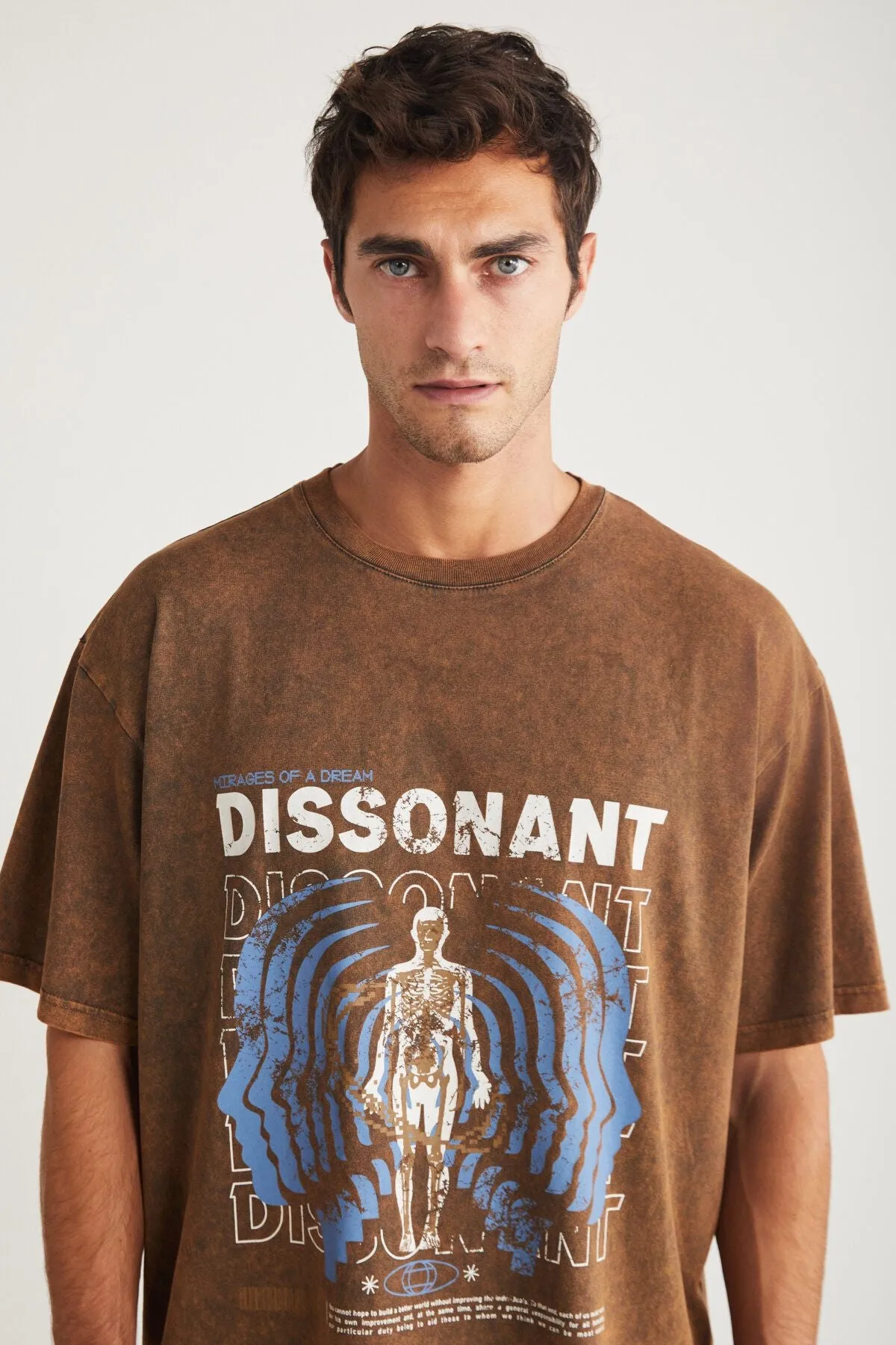 BORIS MEN WASHING PRINTING DETAILED DETAILED OVERSIZE 100 %Organic Cotton Bicycle Collar Brown T-shirt