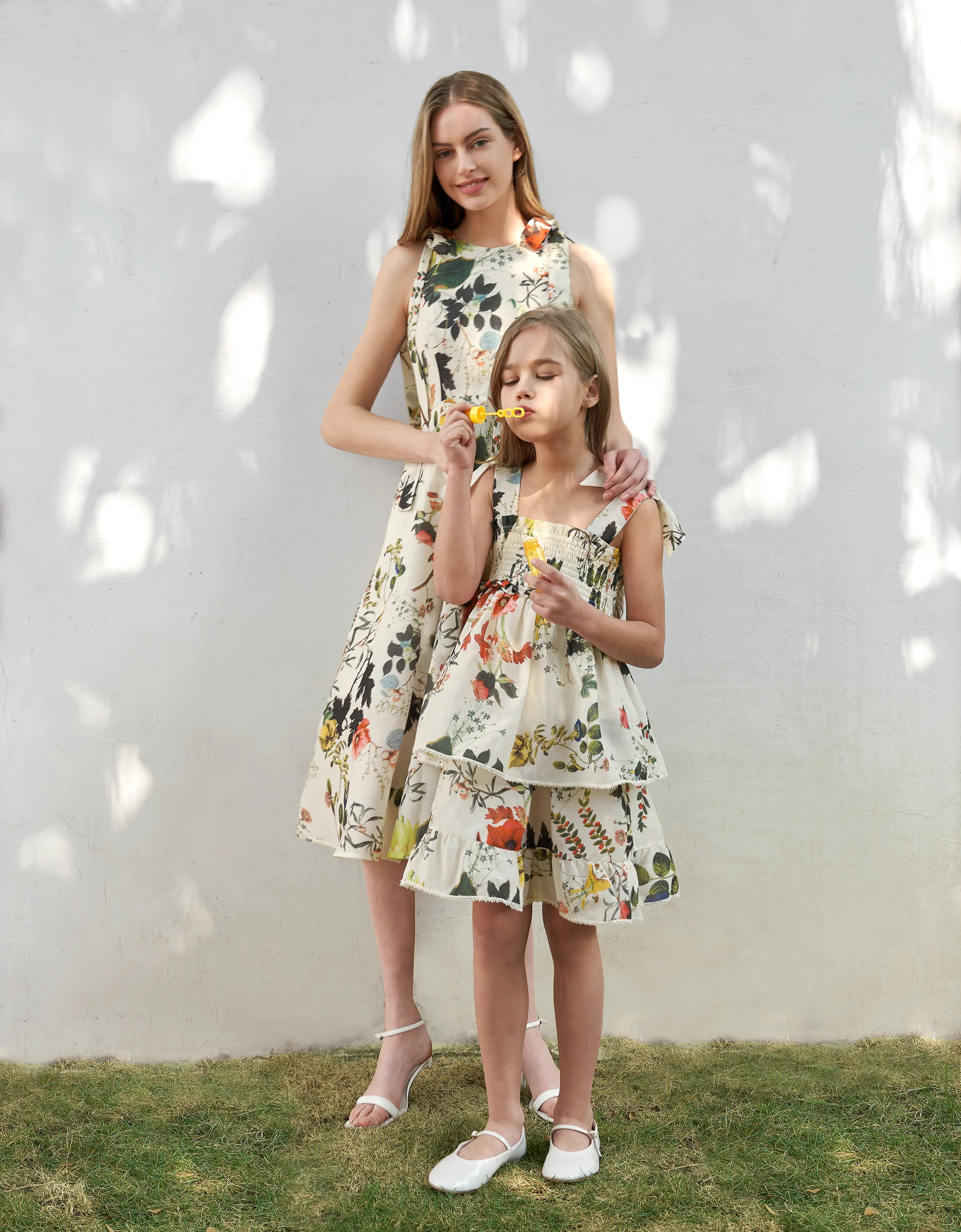 Bow Strap Botanical Print Tiered Dress
