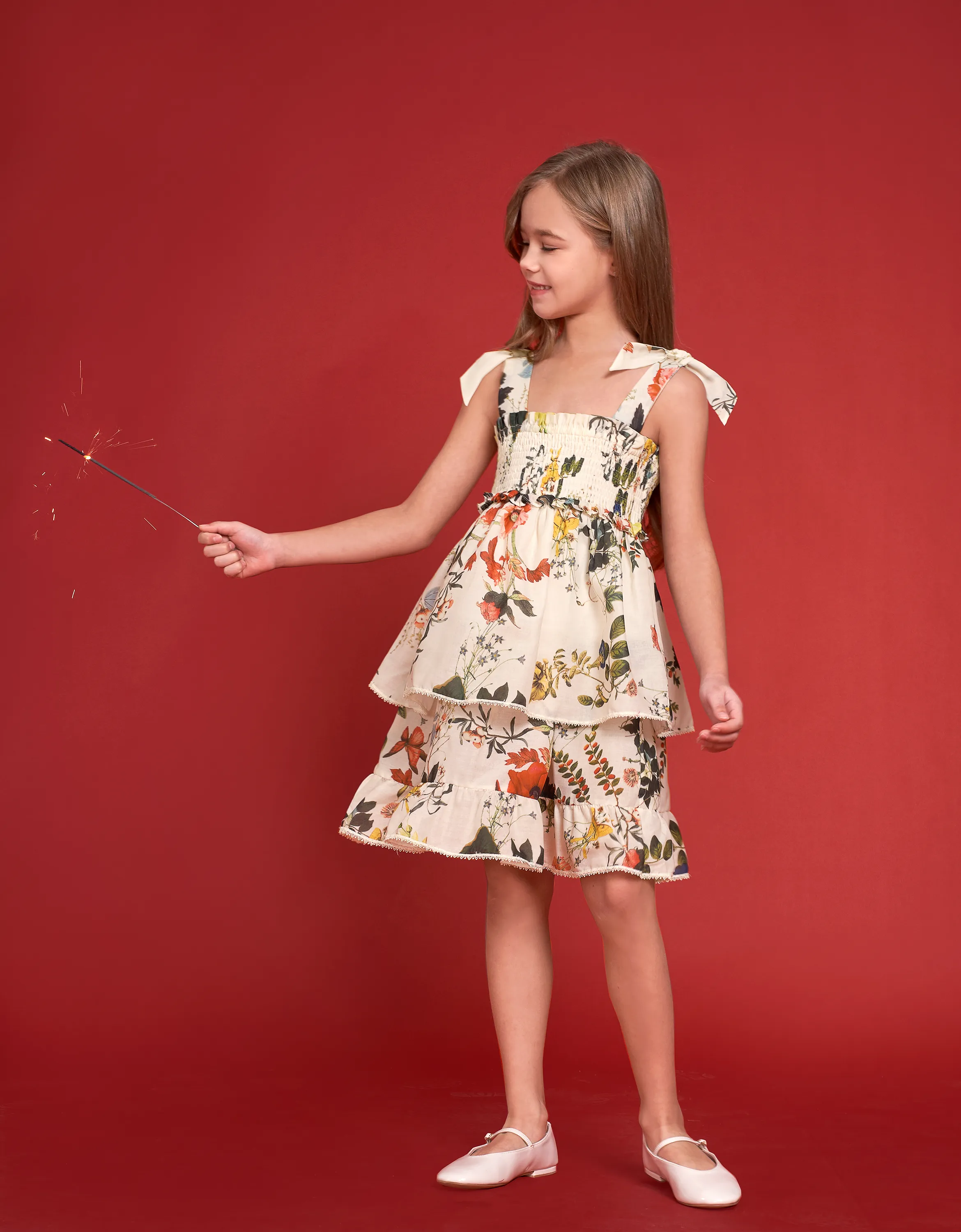 Bow Strap Botanical Print Tiered Dress