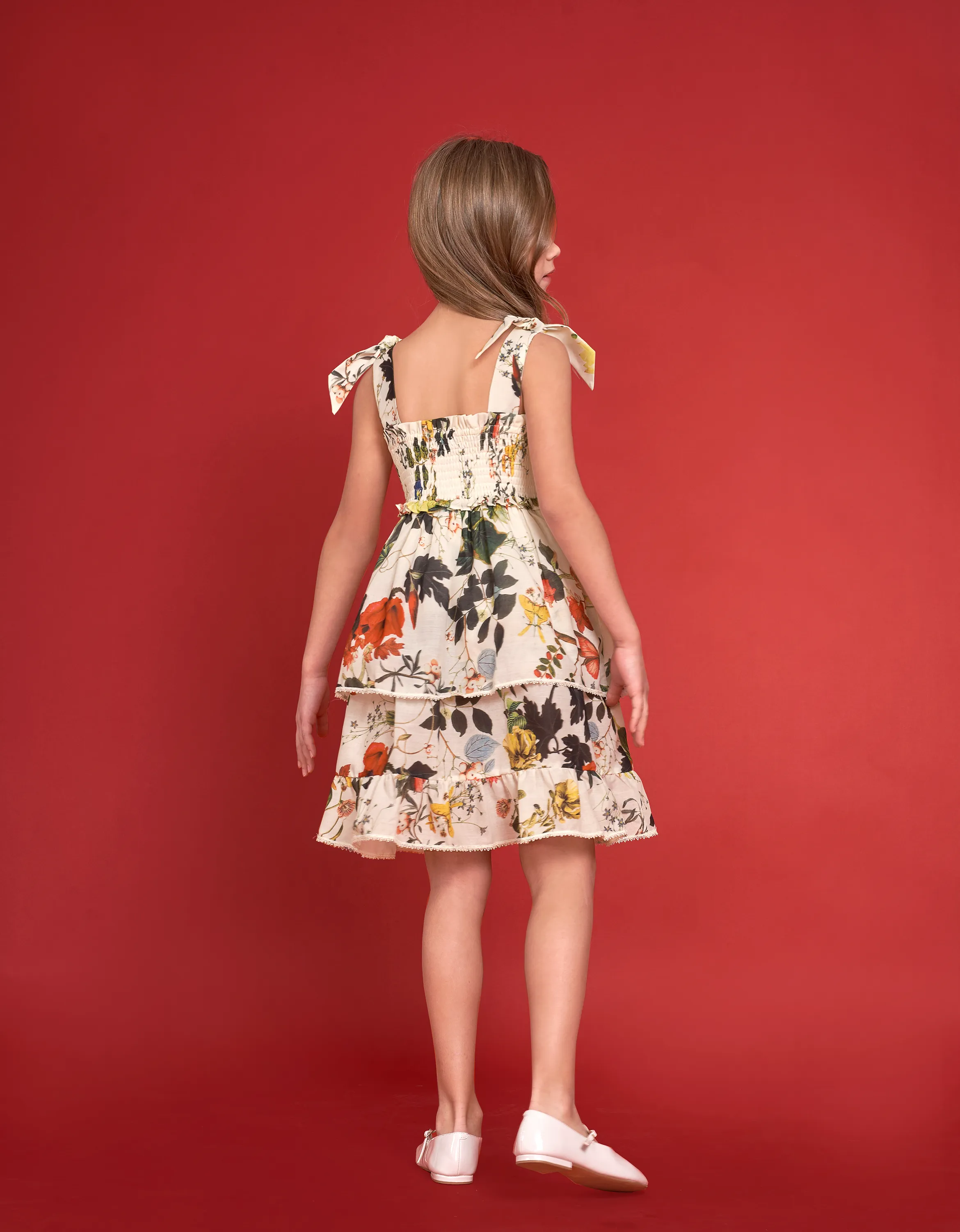 Bow Strap Botanical Print Tiered Dress