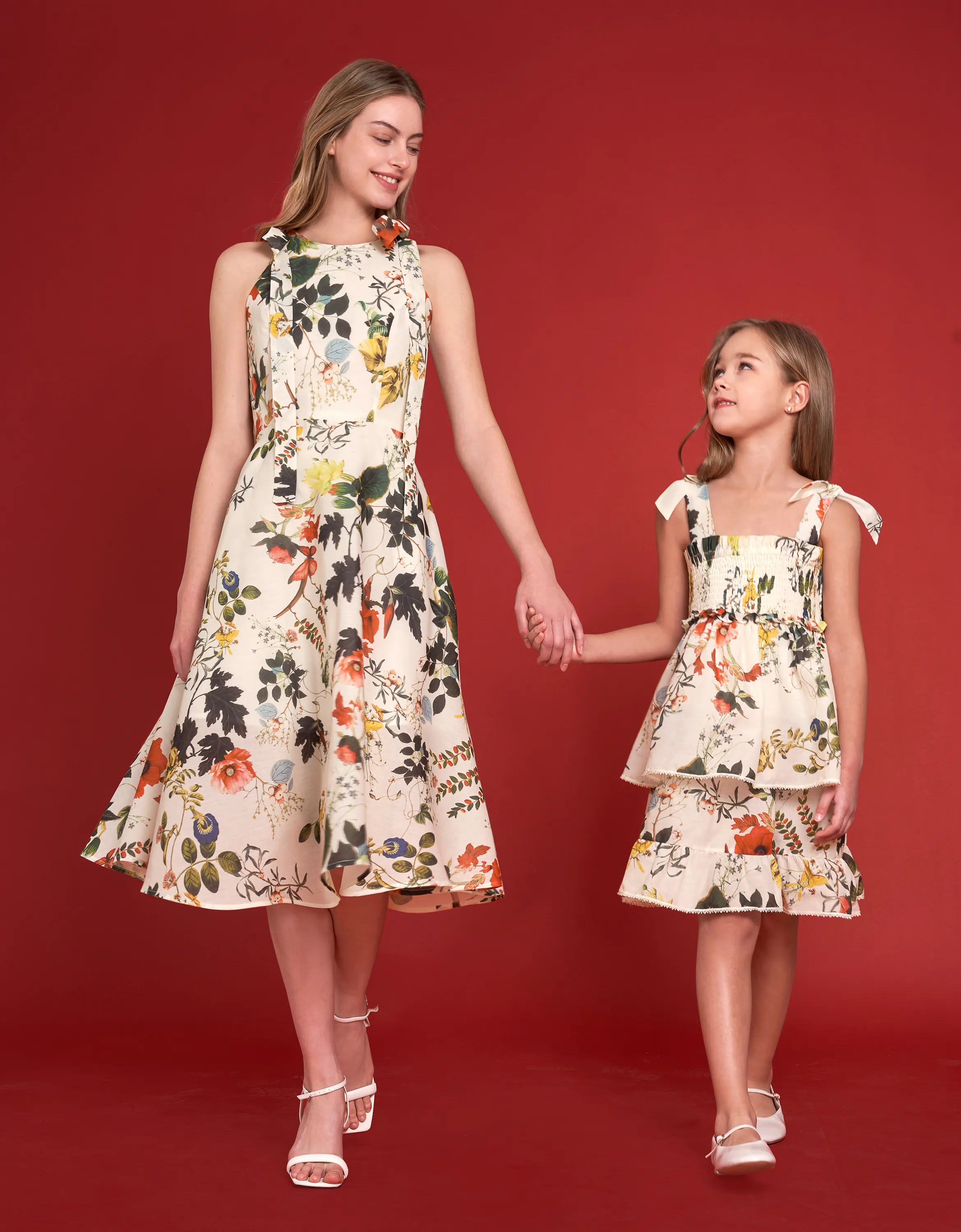 Bow Strap Botanical Print Tiered Dress