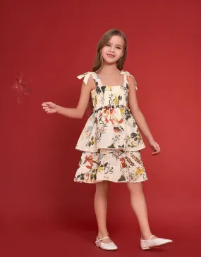 Bow Strap Botanical Print Tiered Dress