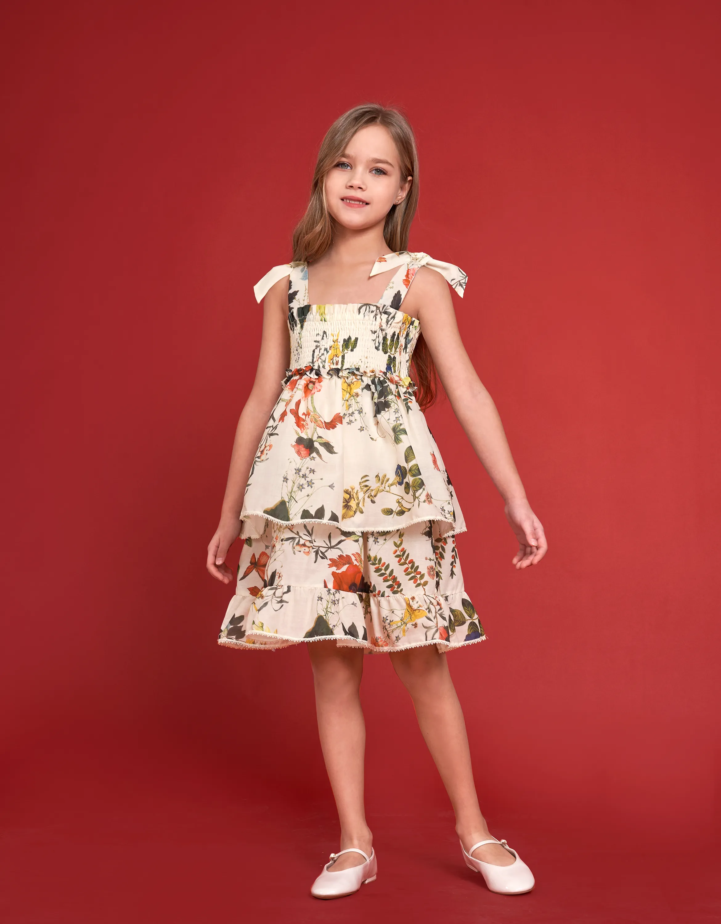 Bow Strap Botanical Print Tiered Dress