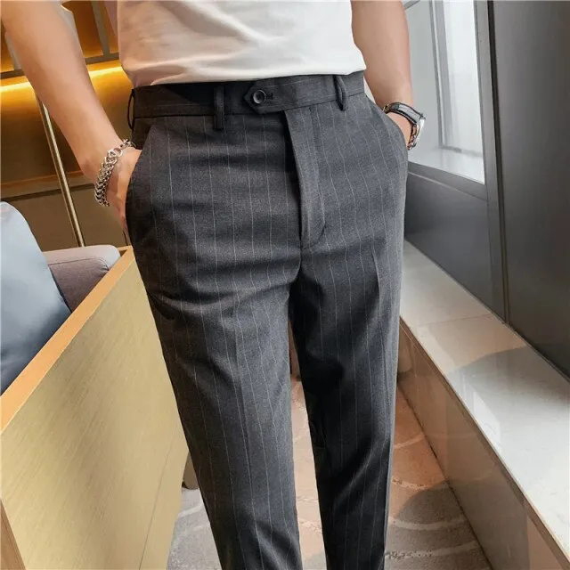 British Style Men Fashion Striped Slim Fit Ankle Length Pants