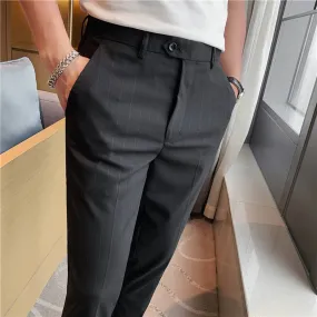British Style Men Fashion Striped Slim Fit Ankle Length Pants