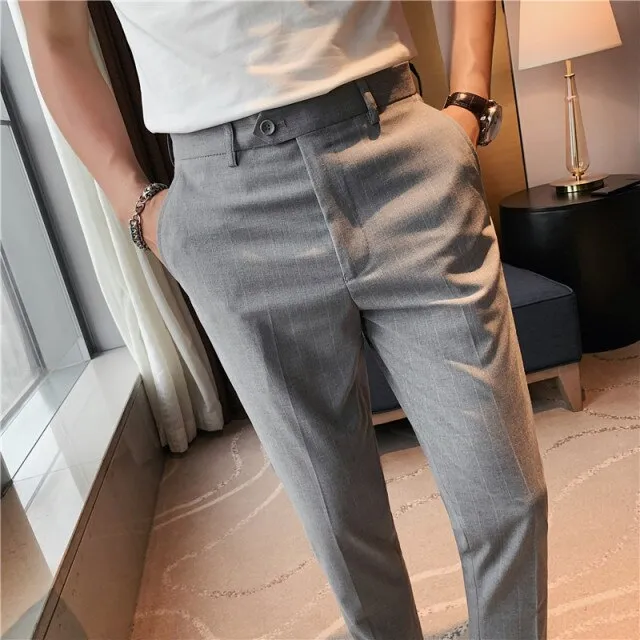 British Style Men Fashion Striped Slim Fit Ankle Length Pants
