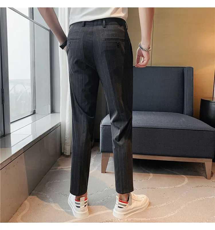 British Style Men Fashion Striped Slim Fit Ankle Length Pants