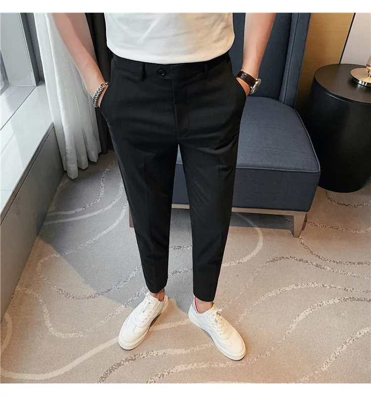British Style Men Fashion Striped Slim Fit Ankle Length Pants