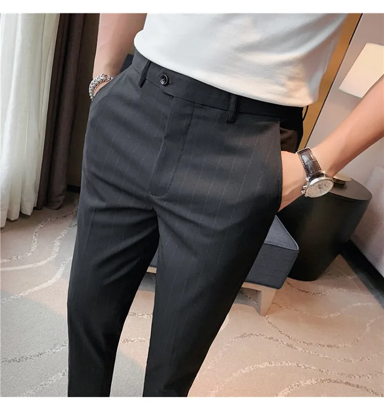 British Style Men Fashion Striped Slim Fit Ankle Length Pants