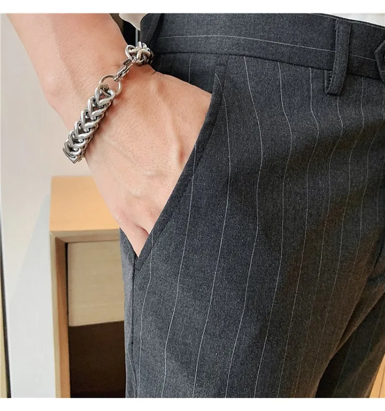 British Style Men Fashion Striped Slim Fit Ankle Length Pants
