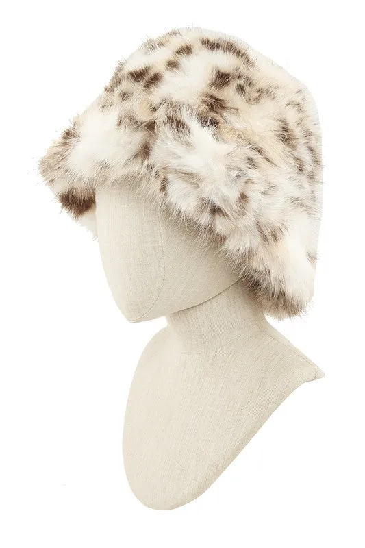 Cami White Leopard Print Fur Bucket Hat
