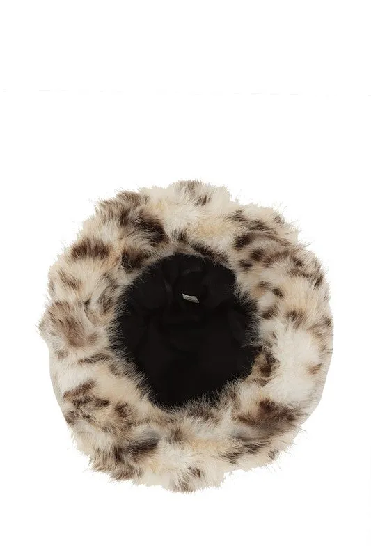 Cami White Leopard Print Fur Bucket Hat