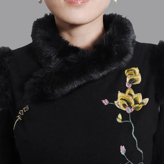 Cap Sleeve Fur Collar Floral Embroidery Cheongsam Chinese Dress