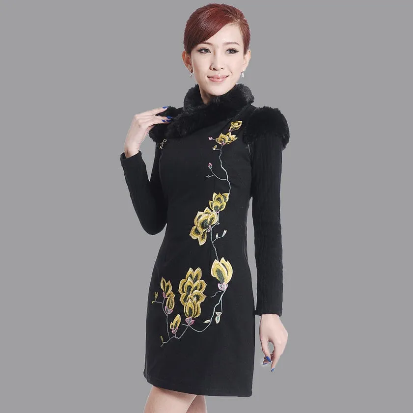 Cap Sleeve Fur Collar Floral Embroidery Cheongsam Chinese Dress