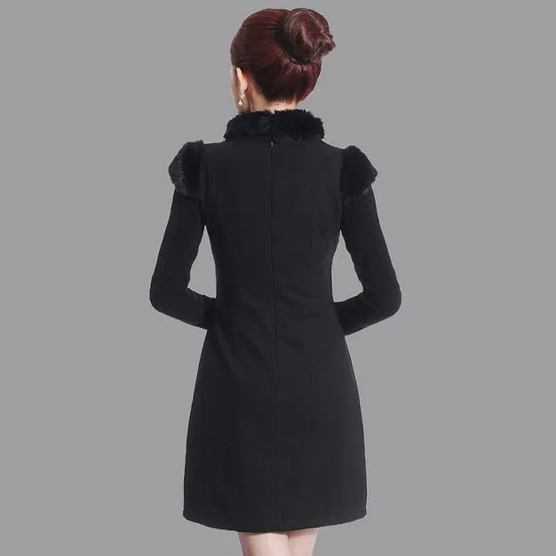 Cap Sleeve Fur Collar Floral Embroidery Cheongsam Chinese Dress