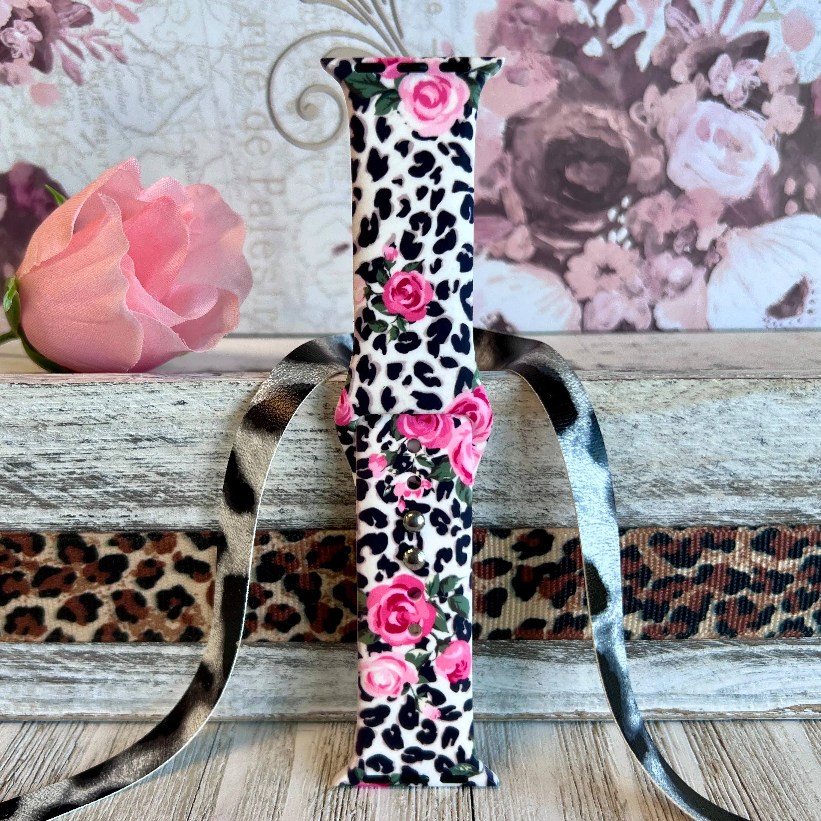 Chic Leopard Roses Print Silicone Band For Apple Watch