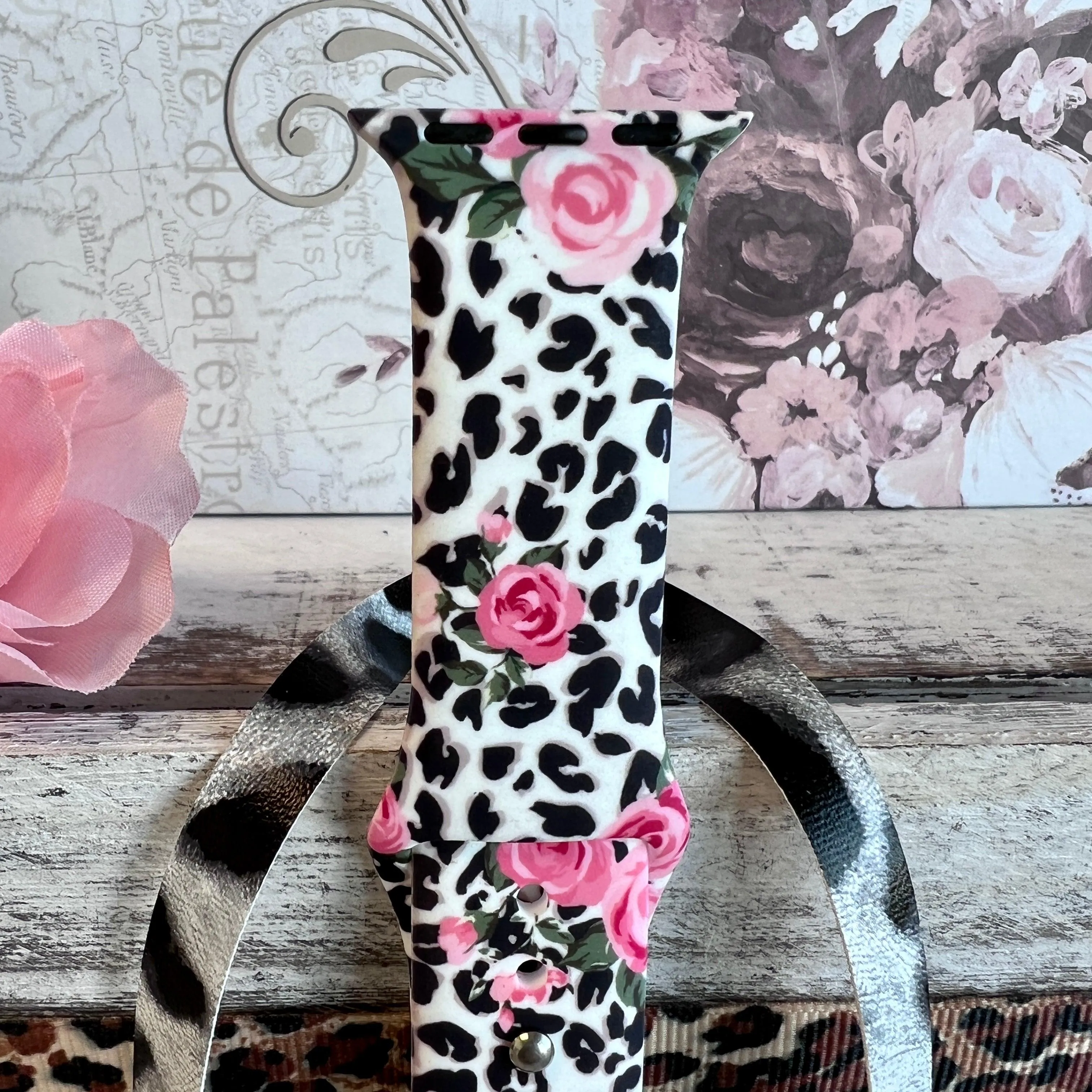 Chic Leopard Roses Print Silicone Band For Apple Watch