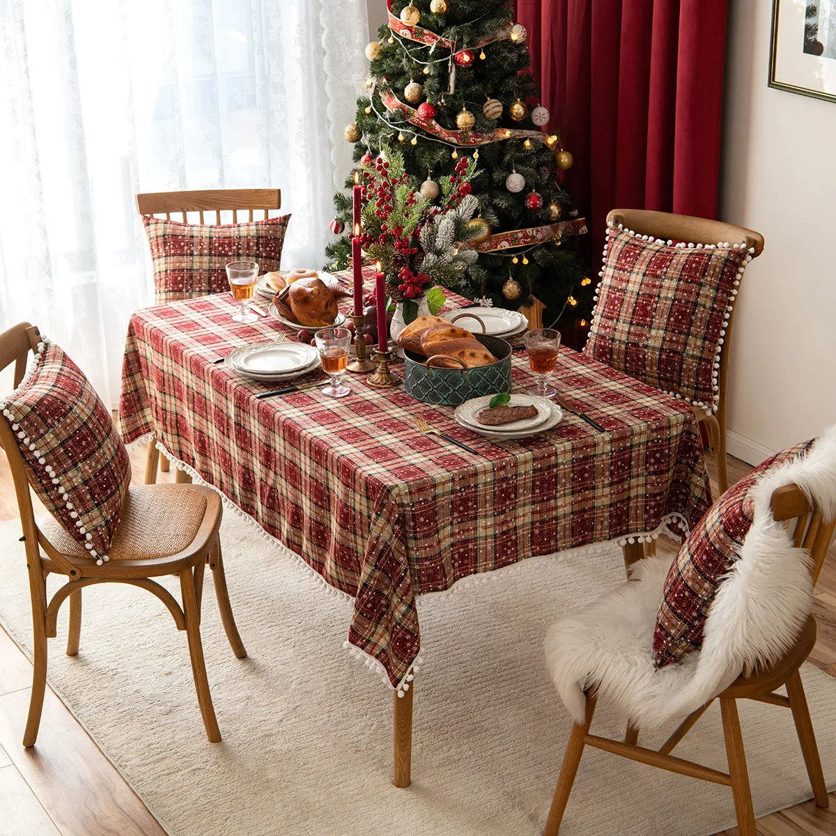 Christmas Cotton Linen Tablecloth Table Cloth Decorative Fur Ball Placemat for Western Food Snowflake Table Cloth Tablecloth