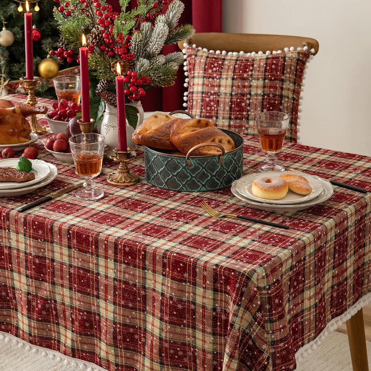 Christmas Cotton Linen Tablecloth Table Cloth Decorative Fur Ball Placemat for Western Food Snowflake Table Cloth Tablecloth