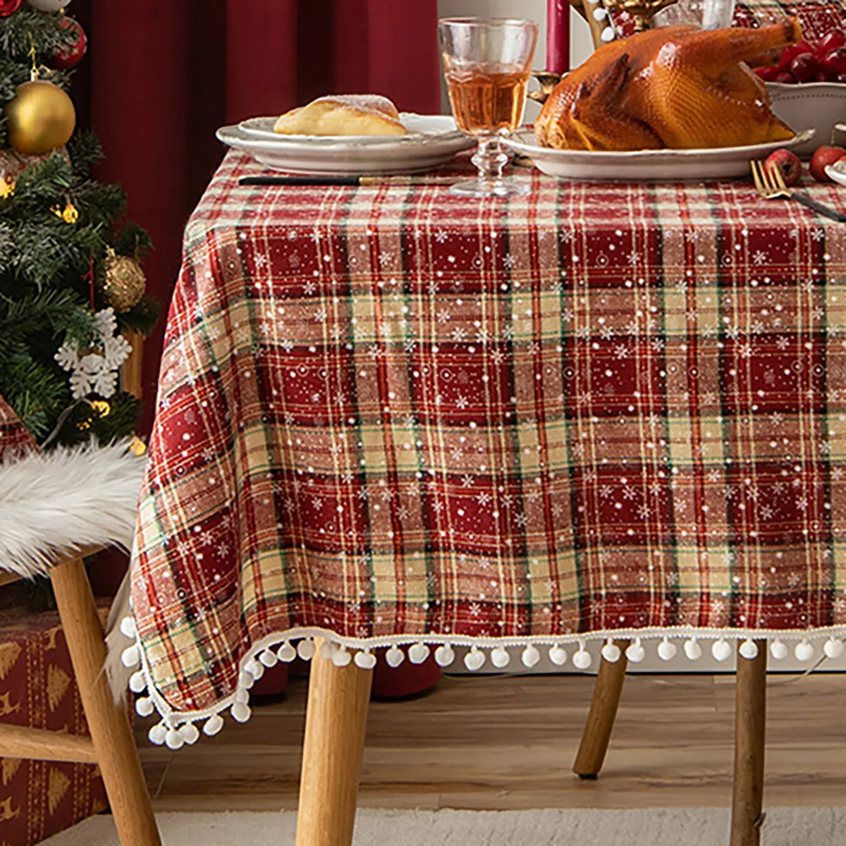 Christmas Cotton Linen Tablecloth Table Cloth Decorative Fur Ball Placemat for Western Food Snowflake Table Cloth Tablecloth