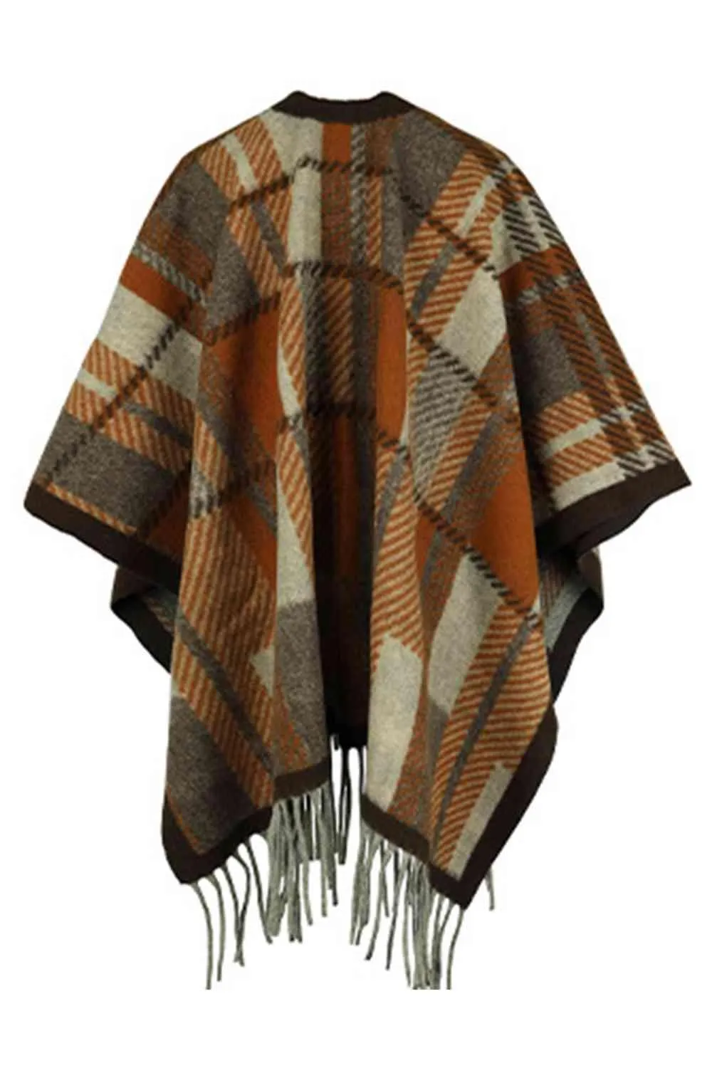Cloak Sleeve Plaid Open Front Fringe Poncho