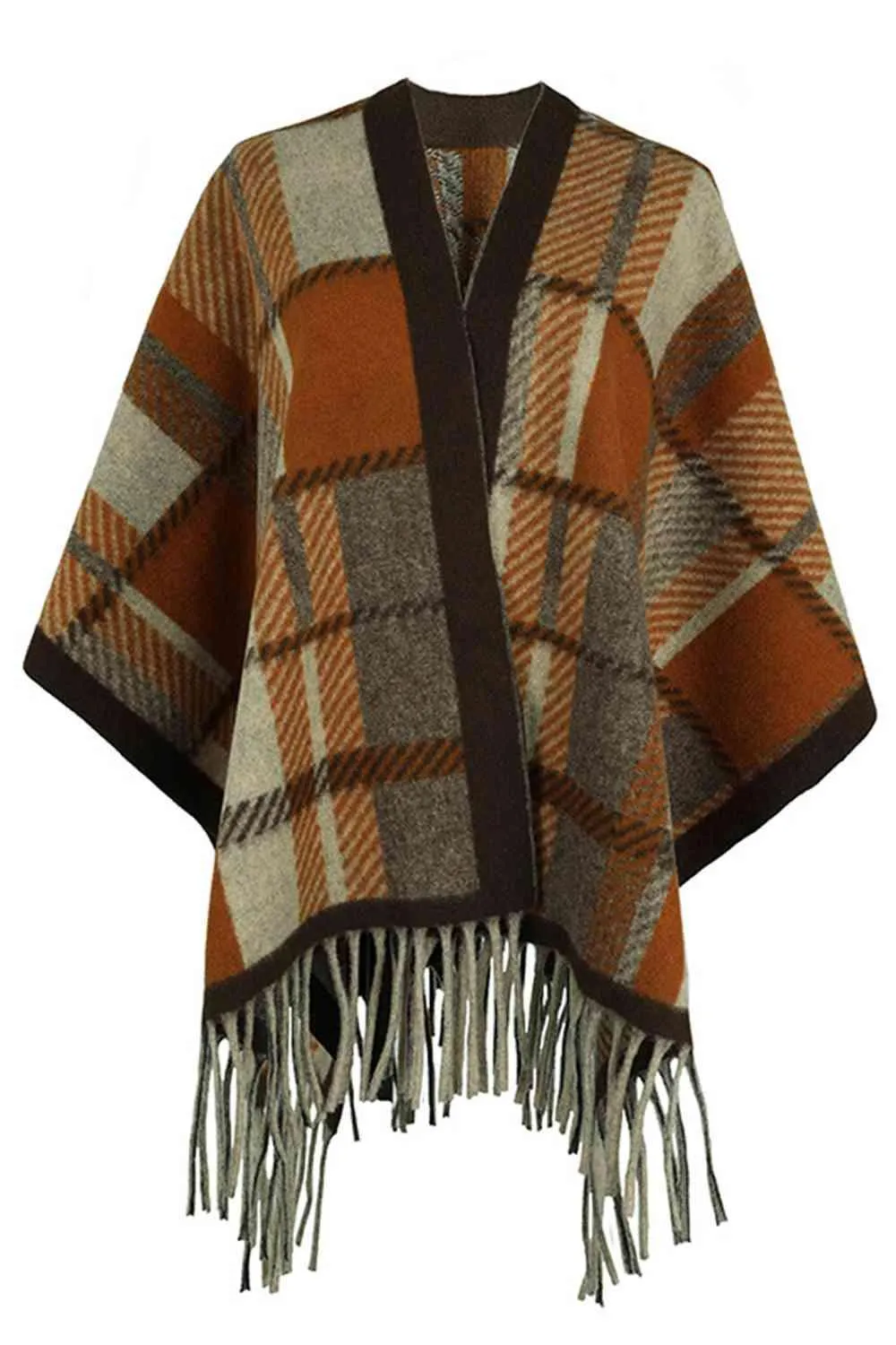 Cloak Sleeve Plaid Open Front Fringe Poncho