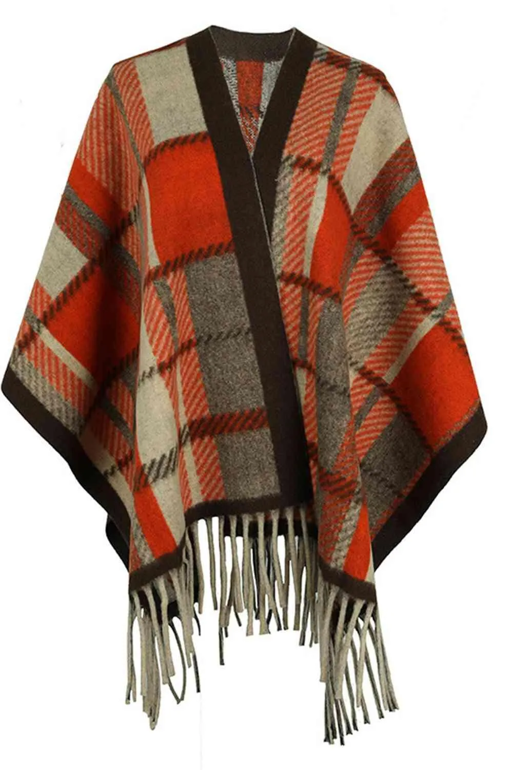 Cloak Sleeve Plaid Open Front Fringe Poncho