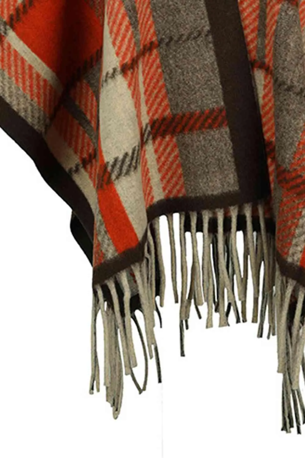 Cloak Sleeve Plaid Open Front Fringe Poncho