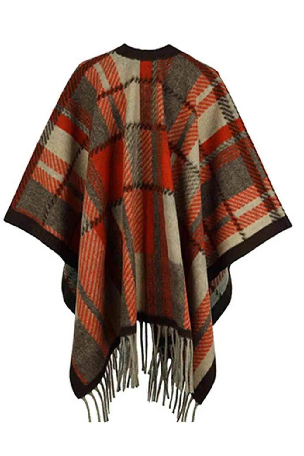 Cloak Sleeve Plaid Open Front Fringe Poncho