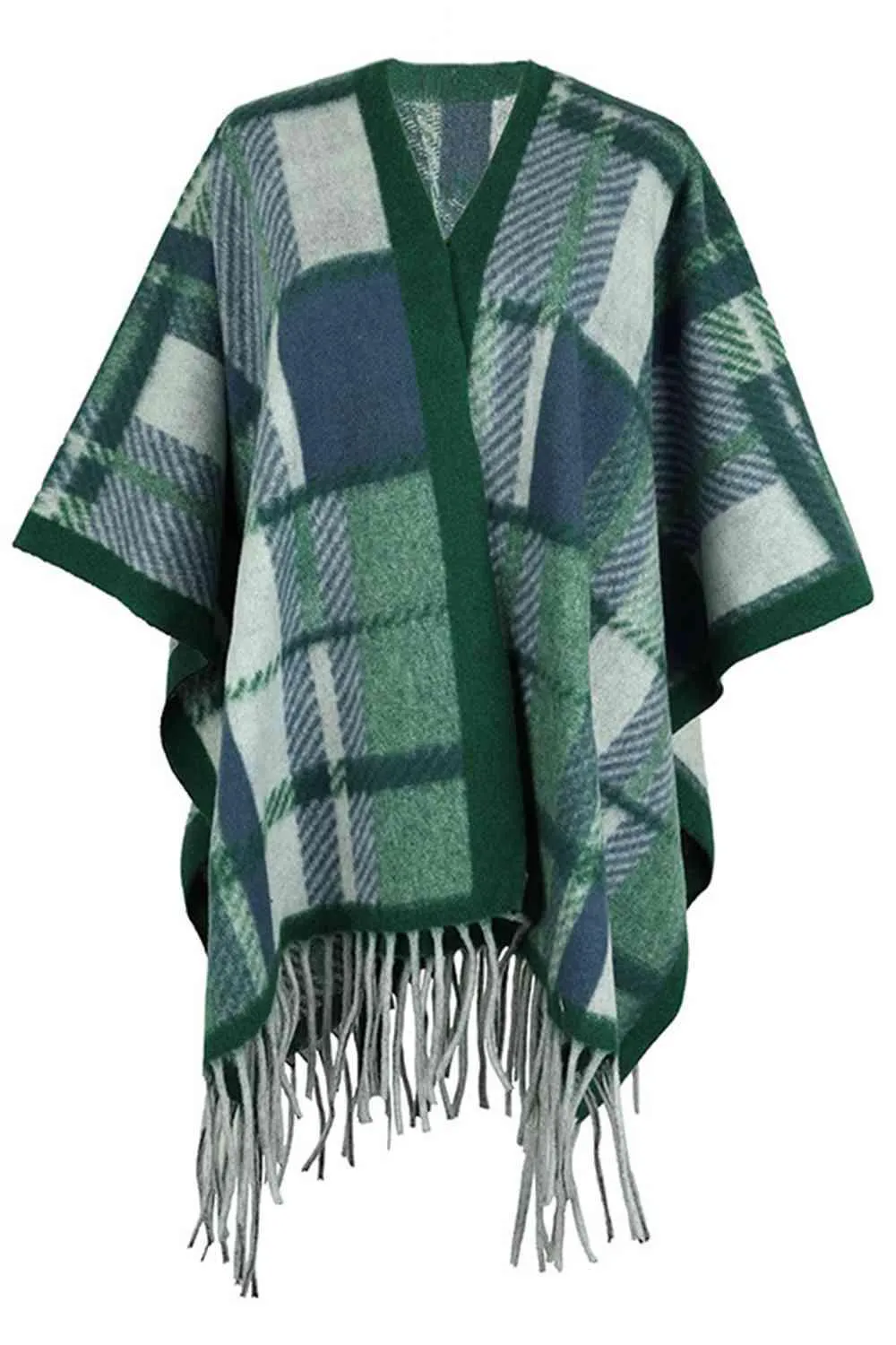 Cloak Sleeve Plaid Open Front Fringe Poncho