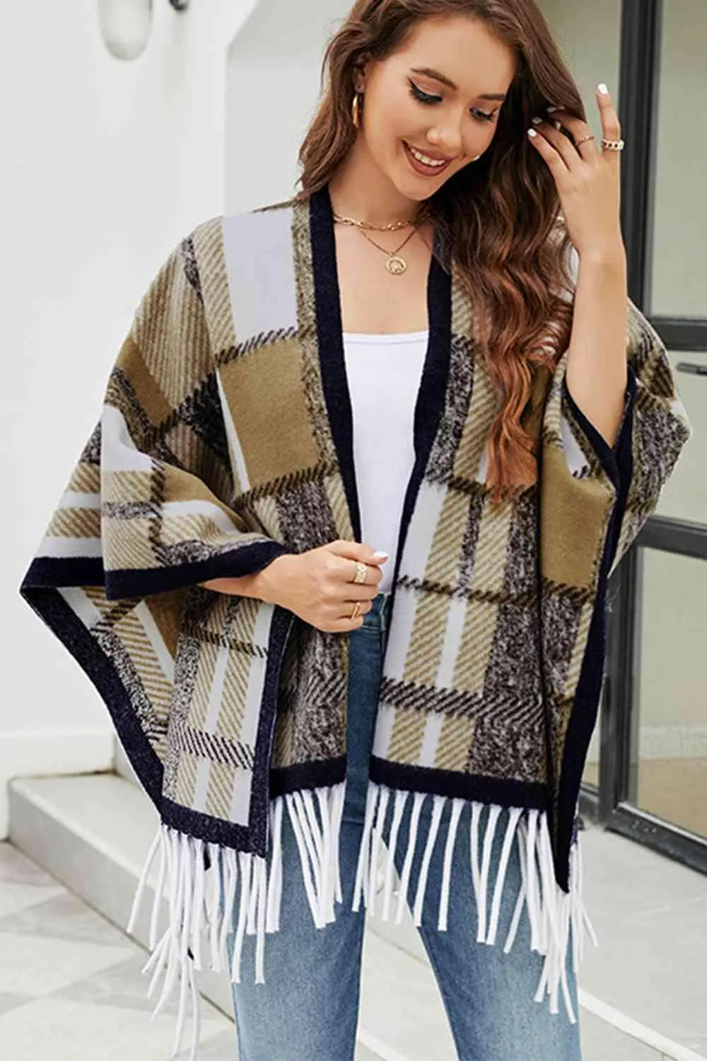 Cloak Sleeve Plaid Open Front Fringe Poncho