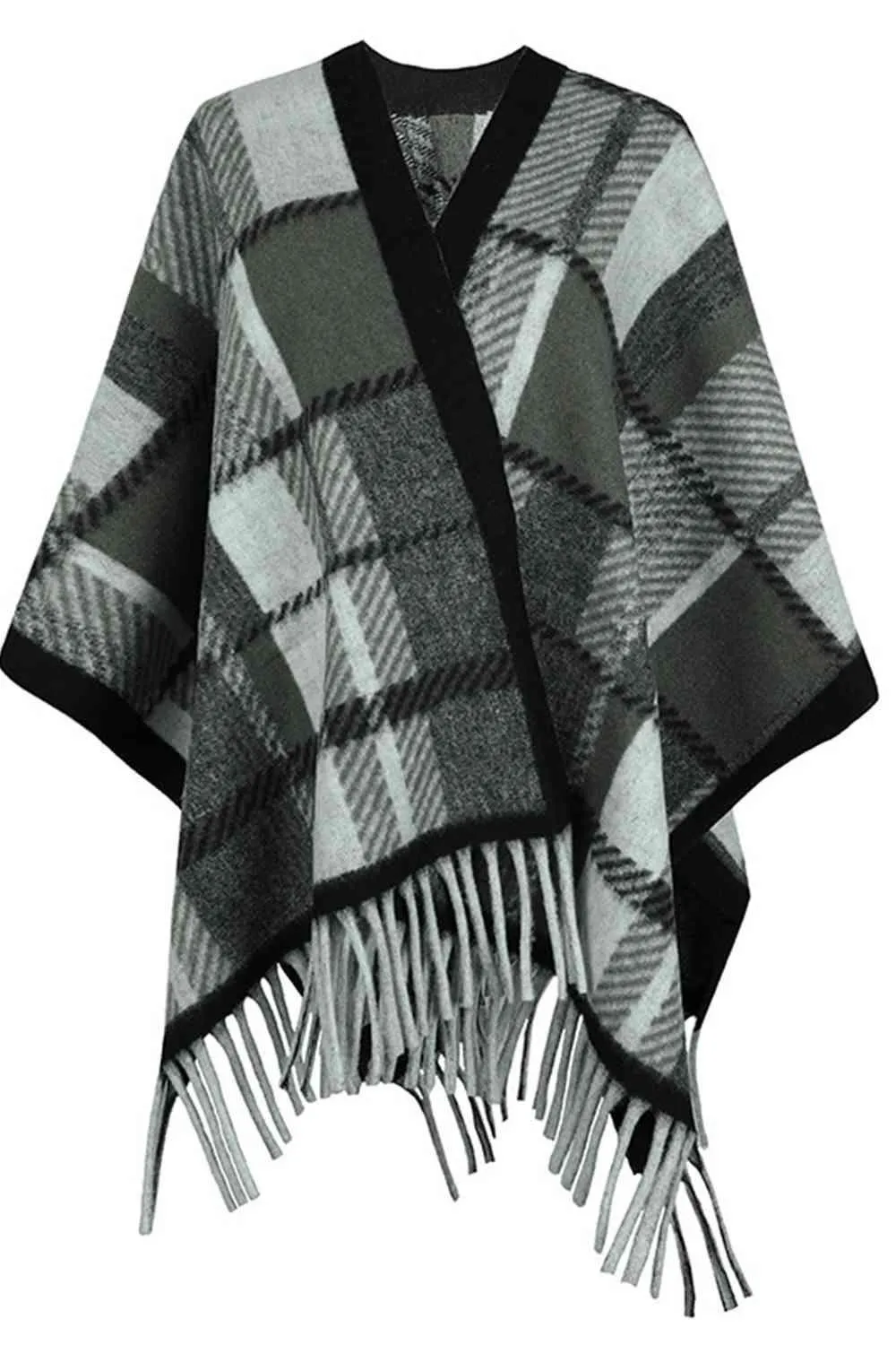 Cloak Sleeve Plaid Open Front Fringe Poncho