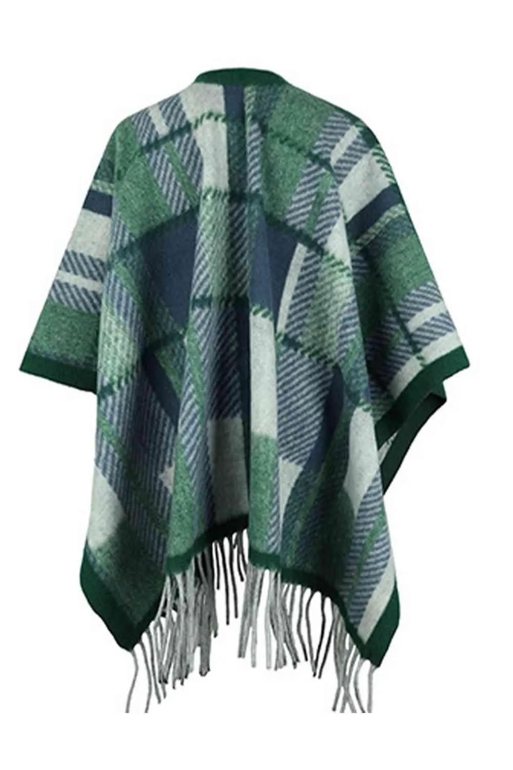 Cloak Sleeve Plaid Open Front Fringe Poncho