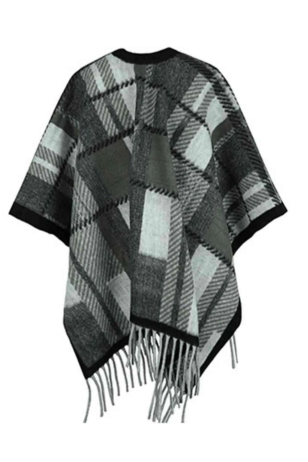 Cloak Sleeve Plaid Open Front Fringe Poncho